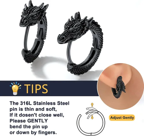 Miniatura 4 de U7 Aretes punk rock para hombres y mujeres, hipoalergénicos, de acero inoxidable, oro de 18 quilates, negroplata de ley S925, aretes de dragón