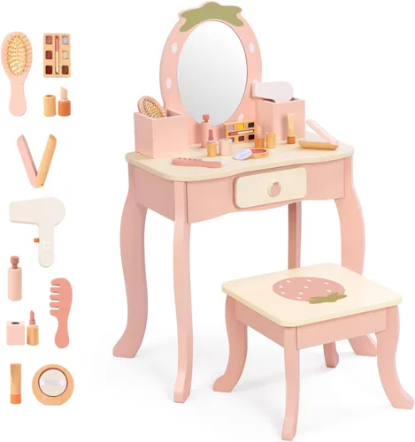 OOOK Tocador para niños de 3 años, tocador de juguete para niños con accesorios de maquillaje, mesa de maquillaje para niños con cajón, color rosa