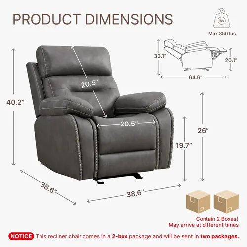 Miniatura 2 de KISLOT Silla reclinable de cuero manual, sofá balancín para adultos con brazo acolchado para sala de estar, dormitorio, asiento de cine en casa