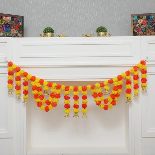 Miniatura 12 de Toran de lirio de caléndula de 5 pies Toran colgante de puerta Thorans indio Guirnalda de flores artificiales Pooja Mandir, puerta, decoración