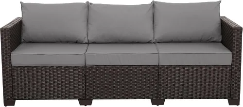 Miniatura 13 de Rattan Star Muebles de exterior, sofá de 3 plazas, sofá de mimbre marrón para exteriores, asiento profundo, respaldo alto, sofá de patio con cojines