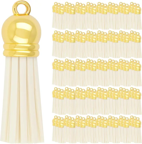 Miniatura 8 de Mandala Crafts 100 borlas de gamuza sintética color aguamarina con tapa dorada, suministros para hacer llaveros a granel, pequeñas borlas de cuero