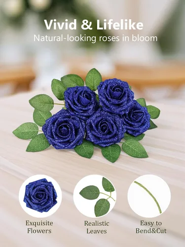 Miniatura 350 de N&T NIETING Flores artificiales, rosas artificiales de color rosa intenso, 50 piezas de flores falsas con tallo para ramos de boda DIY, centros