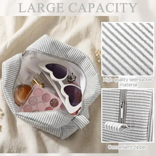 Miniatura 3 de Sanwuta 3 bolsas de maquillaje de sirsaca, bolsas de cosméticos de sirsaca a rayas para mujer, organizador de artículos de tocador de viaje grandes