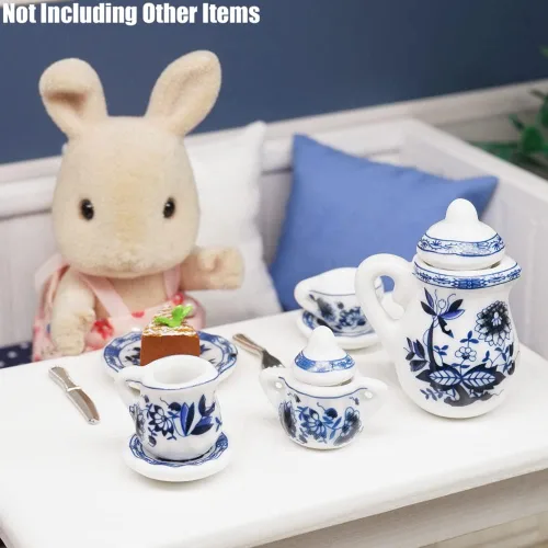 Miniatura 7 de Odoria Juego de té de porcelana en miniatura 1/12, 15 piezas, accesorios de decoración de casa de muñecas, loto azul