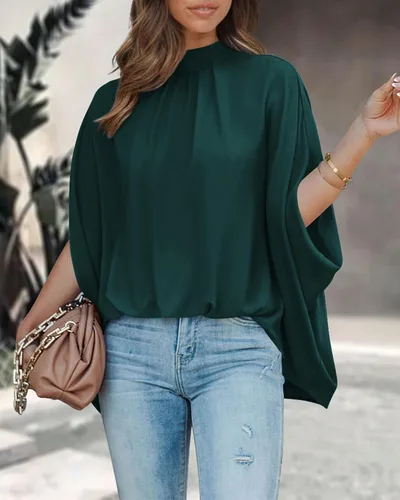 Miniatura 36 de BTFBM Blusas de verano para mujer, cuello alto falso, manga murciélago, holgadas, dobladillo alto y bajo, blusas informales de gran