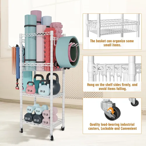 Miniatura 2 de FUTASSI Almacenamiento para Gimnasio en Casa, Organizador de Equipo de Entrenamiento de 3 Niveles con Ruedas para Esterillas de Yoga, Rodillo