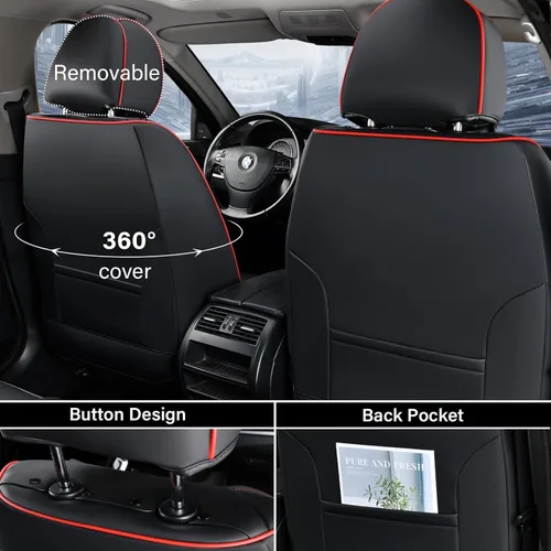 Miniatura 2 de Coverado Juego completo de fundas de asiento de automóvil, fundas rojas para asientos delanteros y traseros, de piel de napa impermeable, cojín
