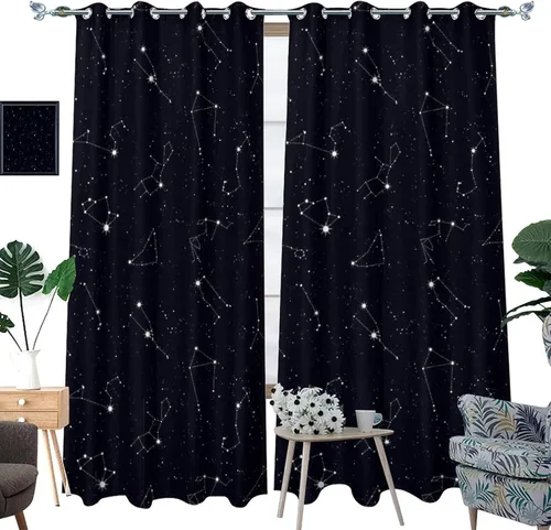 Miniatura 3 de Cortinas de Constelación, Arte Moderno Abstracto Patrón de Símbolos de Constelación Galaxia Negra Blanca, Tratamientos para Ventanas con Aislamiento