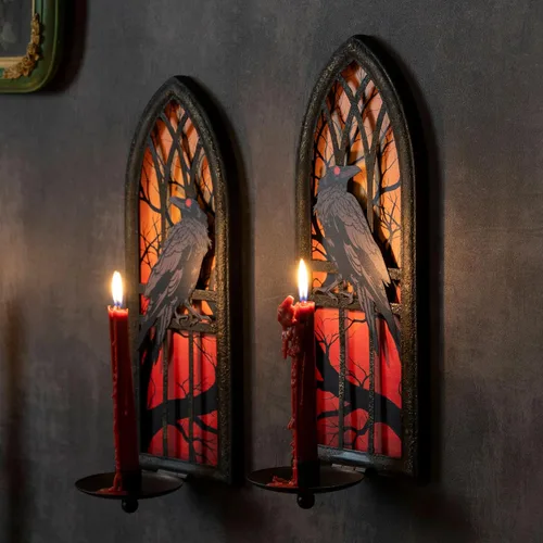 Miniatura 7 de Juego de 2 candelabros góticos de pared, diseño de cuervo de hierro forjado con bandejas extraíbles para velas cónicas y pilares, diseño medieval