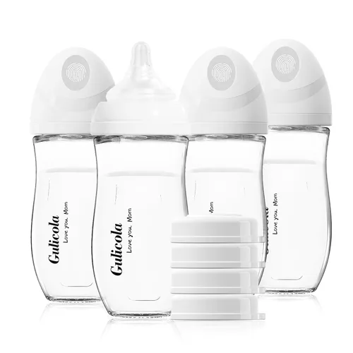 Gulicola Biberón de vidrio natural de 8 onzas para bebés amamantados, juego de biberones anticólicos con pezón de flujo medio, 3 meses +, paquete de
