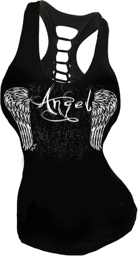 Camiseta sexy de motociclista con diseño de calavera y tatuaje, diseño de motocicleta, con espalda cruzada, recortada