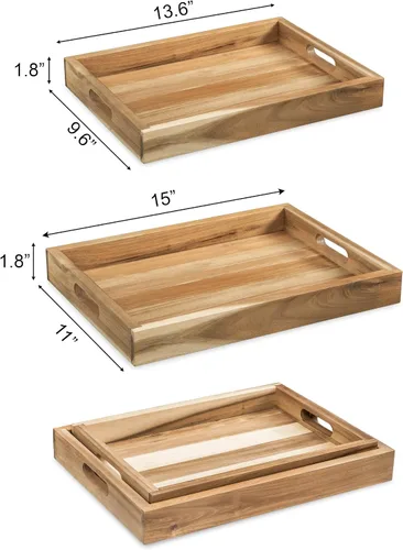 Miniatura 5 de VICTORY RELAX Bandeja de Servir Rectangular de Madera de Acacia Natural con Asas, Juego de 2 (15"x11" y 13"x10"), Bandeja Grande para Otomana
