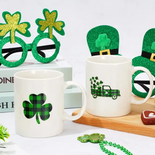 Miniatura 5 de Whaline Juego de 2 tazas del Día de San Patricio de 12 onzas con diseño de trébol a cuadros de búfalo para café, tazas de cerámica irlandesa a