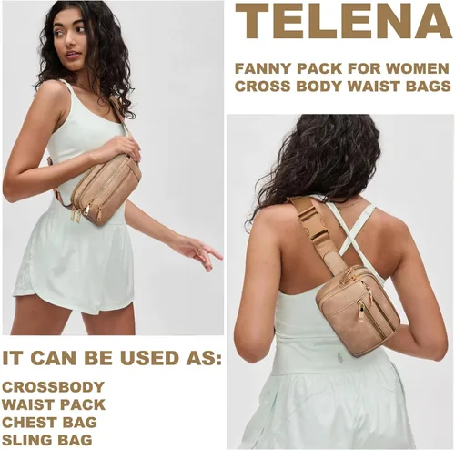 Miniatura 2 de Telena Riñoneras para mujer, bolso cruzado de cuero, bolso de cintura de moda con correa ajustable, Marrón claro