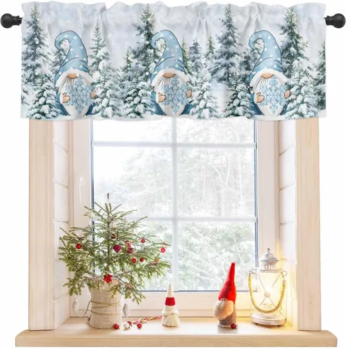 Miniatura 19 de Cenefas de gnomo de invierno para cocina, cafetería, cenefa de ventana de pino nevado de Navidad, cortinas cortas de copo de nieve azul, 60 x 18