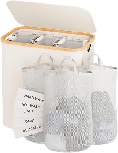 Cesto para ropa sucia de 3 secciones, 145L cesto para ropa sucia con tapa, organizador de cesta de lavandería extragrande con bolsas interiores Beige