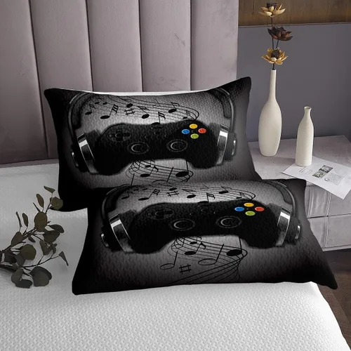 Miniatura 4 de Juego de ropa de cama de videojuegos con auriculares negros y grises con diseño de notas musicales con control de videojuegos para niños y niños