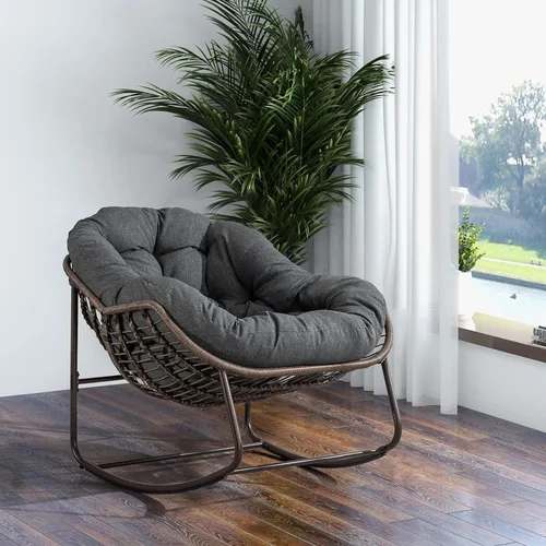 Miniatura 20 de Mecedora para patio al aire libre, cómoda silla mecedora de mimbre con cojín acolchado, silla de ratán de gran tamaño con marco de acero sólido