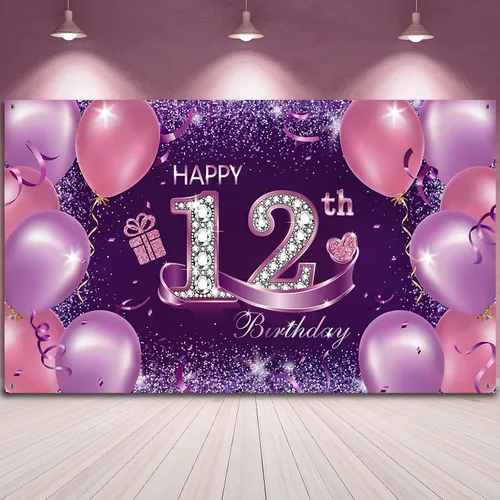 Decoraciones de fiesta de cumpleaños, pancarta grande de tela de feliz 12 aniversario, fondo de cabina de fotos rosa y morado con cuerda para fiesta