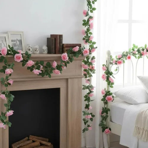 Miniatura 2 de Guirnalda de vid de rosas falsas de 16 pies, plantas artificiales para colgar, hiedra rosa, hogar, hotel, oficina, boda, fiesta, decoración