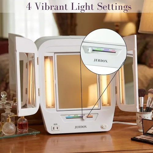 Miniatura 2 de Jerdon JGL10 W Euro Espejo de 3 paneles iluminado con aumento de 5X, 4 configuraciones de luces, acabado blanco