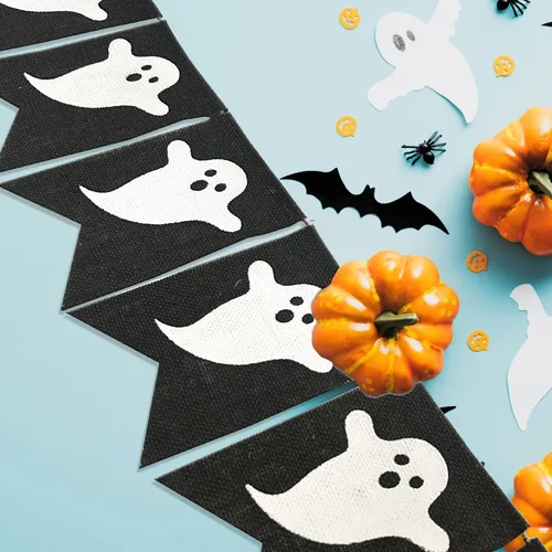 Miniatura 3 de Doumeny Pancarta de arpillera de fantasma de Halloween, guirnalda espeluznante, guirnalda espeluznante, pancarta negra para fiesta, bandera de truco