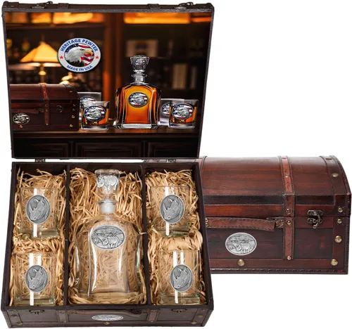 Miniatura 55 de Heritage Pewter Alabama Capitol - Juego de baúl Recipiente de líquido de 24 onzas con 4 vasos de agua Vidrio de peltre elaborado por expertos
