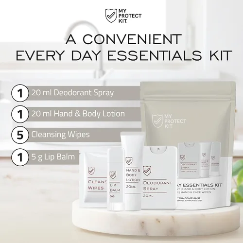 Miniatura 2 de MY PROTECT KIT Everyday Essentials - Kit de viaje de 8 piezas de higiene y aseo con desodorante en aerosol, loción, bálsamo labial y toallitas