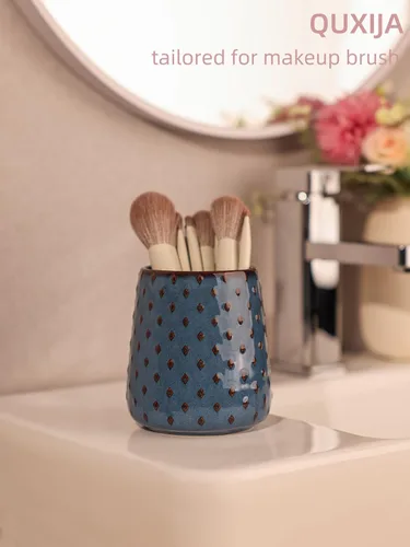 Miniatura 5 de Portacepillos de maquillaje de cerámica, tocador de baño de estilo granja y encimera, taza para brochas para cosméticos de baño, labiales