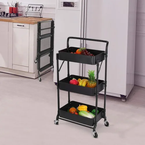 Miniatura 9 de Carrito plegable de metal de 3 niveles, carrito organizador plegable de almacenamiento multifunción para oficina en casa y biblioteca (negro)