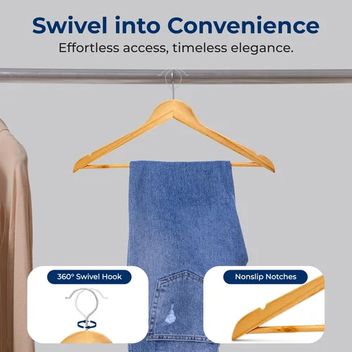 Miniatura 6 de SereneLife Perchas de madera maciza, paquete mega, 60 perchas para ropa, juego de perchas resistentes con gancho giratorio cromado de 360 grados