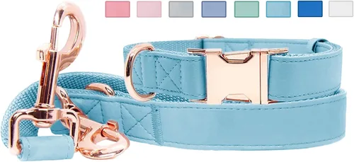 Miniatura 16 de Juego de collar y correa de cuero suave para perro (6.6 pies), elegante hebilla de metal resistente de oro rosa, correa de 4 longitudes ajustables