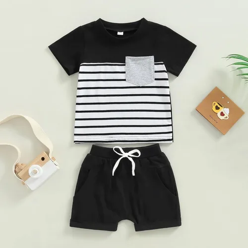 Miniatura 32 de Conjunto de traje de verano para bebé niño pequeño, manga corta, cuello redondo, letras impresas, lindo traje de verano, conjunto de 2 piezas