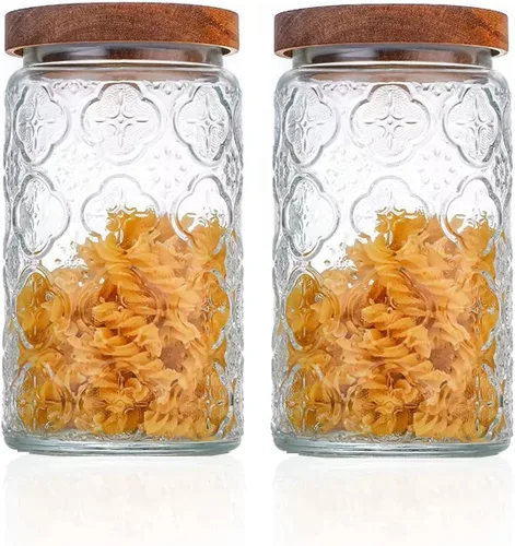 Tarro de almacenamiento de vidrio vintage, recipiente de almacenamiento de alimentos para cocina y despensa con tapa de madera hermética para