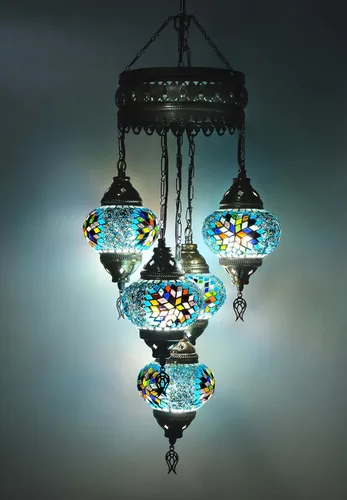 Miniatura 8 de Asylove Candelabros turcos de 5 globos, lámpara colgante de mosaico, iluminación de techo marroquí Art Deco de 5 globos, 5 pulgadas de altura total