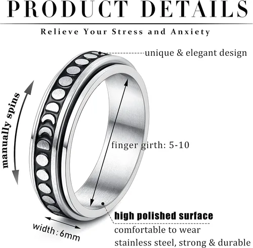 Miniatura 8 de Magitaco Anillos giratorios de acero inoxidable, anillos para ansiedad, anillos de ansiedad para mujeres y hombres
