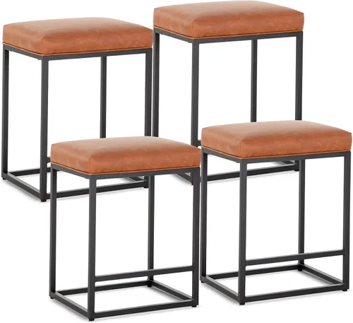 Miniatura 3 de Juego de 4 taburetes de bar marrones para encimera de cocina, taburetes de bar modernos sin espalda de 24 pulgadas, taburetes de bar industriales