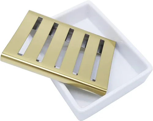 Miniatura 6 de Jabonera de cerámica dorada de acero inoxidable para ducha y baño, caja de jabón de drenaje de doble capa