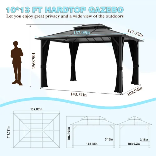 Miniatura 2 de MUPATER Gazebo de policarbonato de 10 x 13 pies con marco de aluminio, cenador de patio de doble techo, pabellón permanente al aire libre con red a