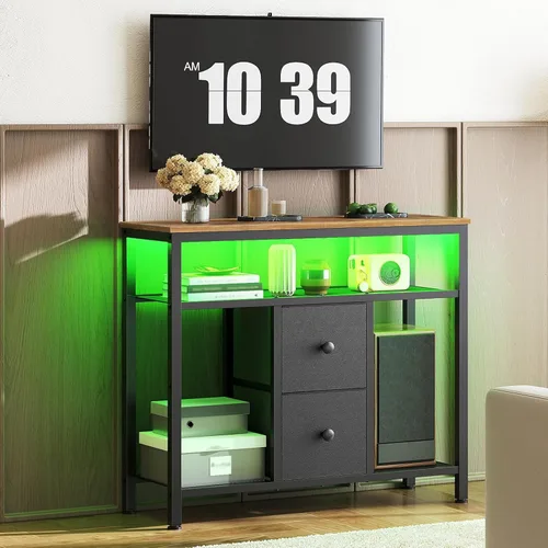 Miniatura 7 de YATINEY Soporte de TV con luces LED, soporte de TV para aparador, centro de entretenimiento alto con 2 cajones de tela, mesa consola multimedia