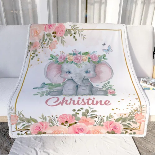 Miniatura 2 de Manta de bebé personalizada con nombre, linda flor de elefante, recién nacido, niña, niños, hija, multicolor 507