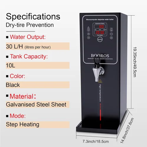 Miniatura 2 de BOOROS Caldera de agua comercial de 10 L, dispensador de agua caliente negro, dispensador de agua caliente comercial de 1500 W, 30 L (7.9 galones)