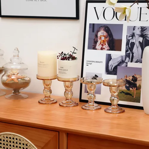 Miniatura 5 de Juego de 4 portavelas de cristal, portavelas ámbar para velas de pilar, 4.5 pulgadas de alto, decoración de candelabros para sala de estar
