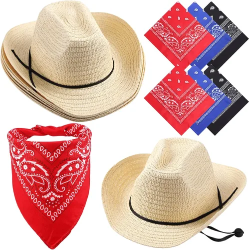 Unittype Juego de 6 sombreros de vaquero de paja con bandanas, paquete de accesorios de fiesta de vaquero, disfraz clásico de sombrero de vaquero y