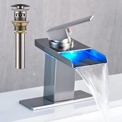Miniatura 15 de AVSIILE Grifo LED para lavabo de baño, cascada cromada, mango de un solo agujero, 1 agujero con drenaje desplegable de metal y 2 líneas de Cromo