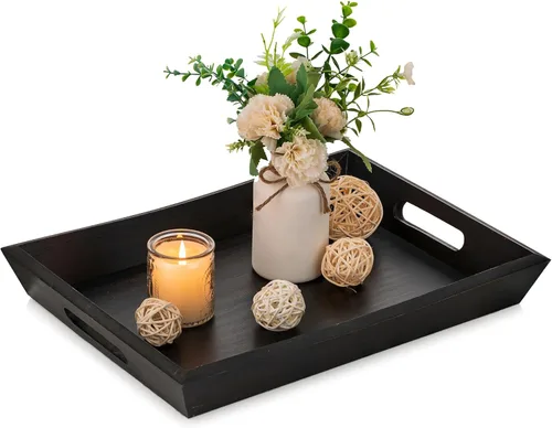 Miniatura 10 de Hanobe Bandeja decorativa de madera para servir: bandejas otomanas de madera rústica para mesa de café, bandeja rectangular con asas para sala