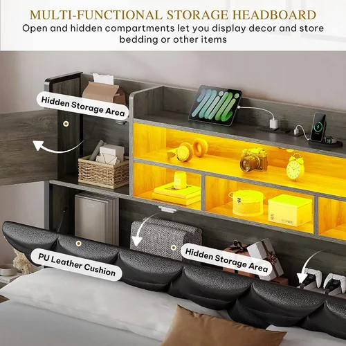 Miniatura 6 de DWVO Base de cama tamaño Queen con luces LED RGB y cabecera de estantería de almacenamiento, cama tapizada con estación de carga y 4 cajones,
