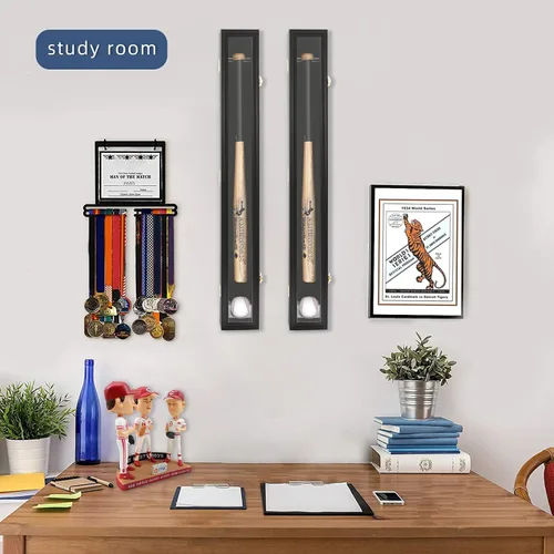 Miniatura 6 de HOROW Vitrina de bate de béisbol – Marco de madera de montaje en pared de bate de béisbol con soporte de puerta transparente acrílico para gabinete