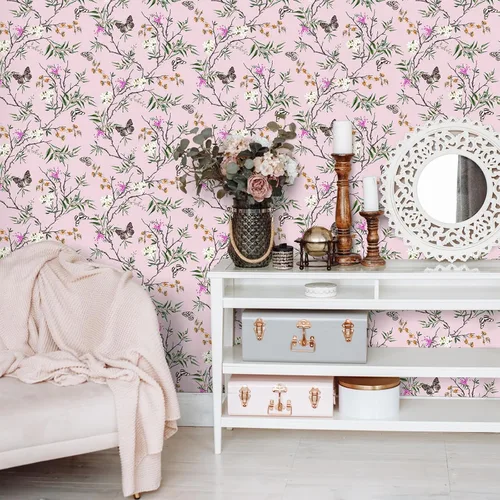 Miniatura 2 de VEELIKE Papel tapiz de estilo chinoiserie rosa con diseño de mariposas para dormitorio, habitación de niñas, 17.7 x 118 pulgadas, papel de contacto